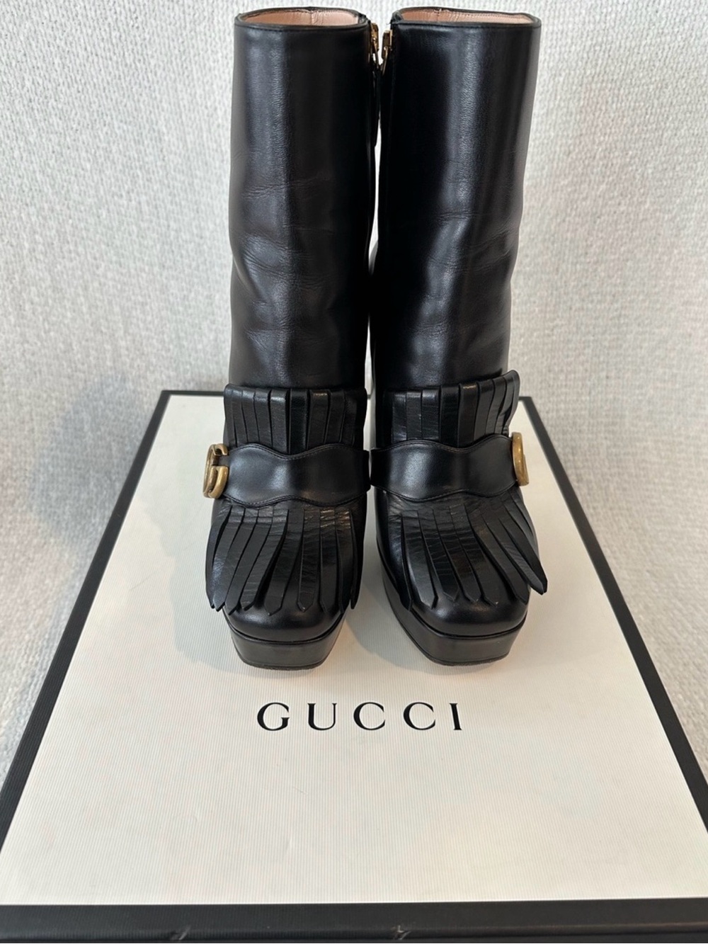 Gucci Black Leather Kiltie Fringe Platform Mid-Calf Boots with Gold Buckle